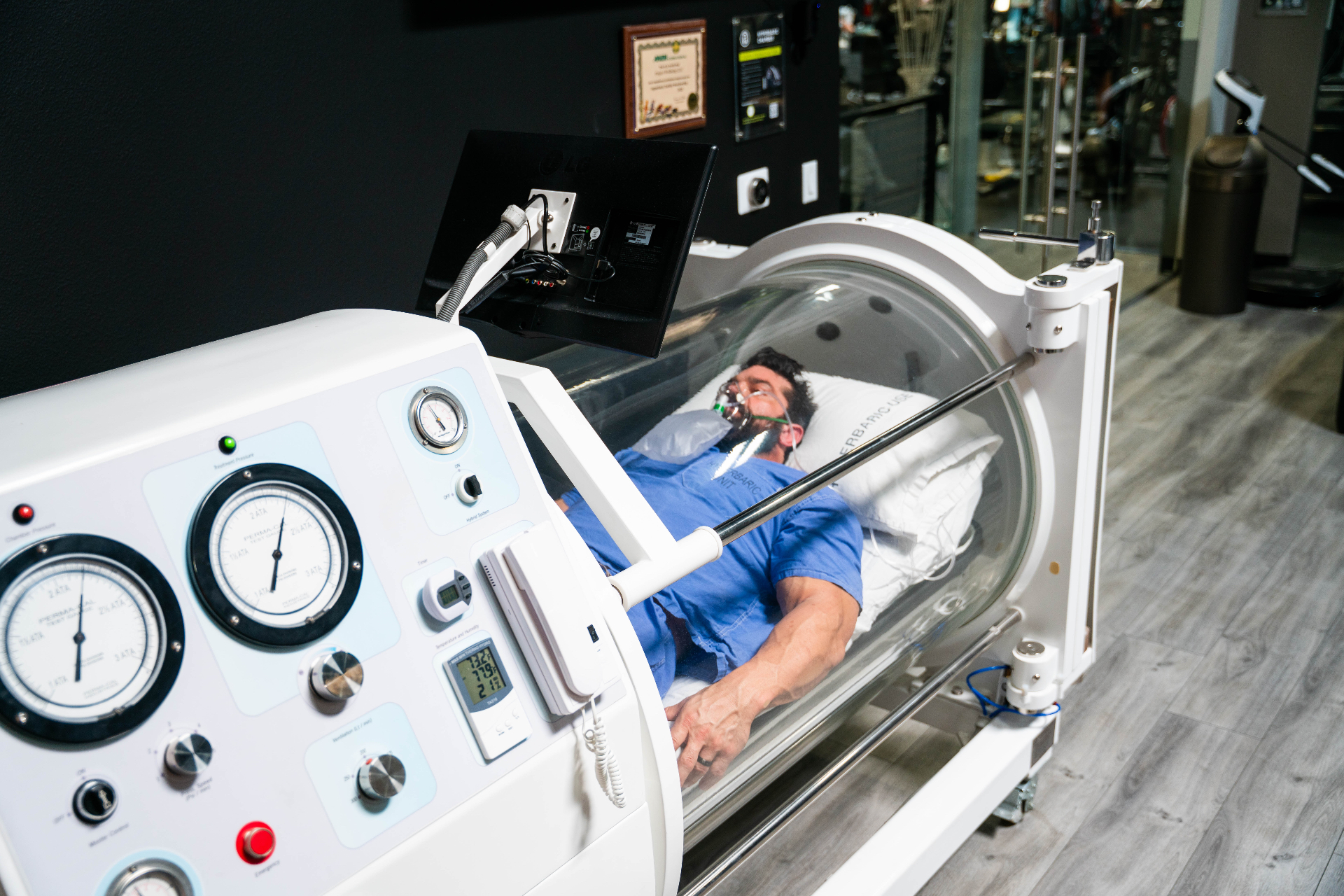 Patient being prepared for hyperbaric session